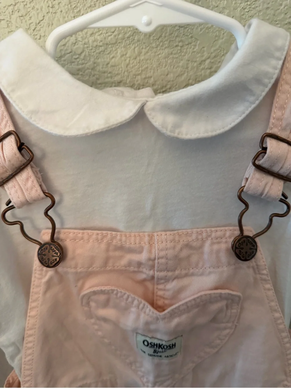 OshKosh B'gosh Girls 3T Light Pink Heart-Pocket Overalls with White Undershirt